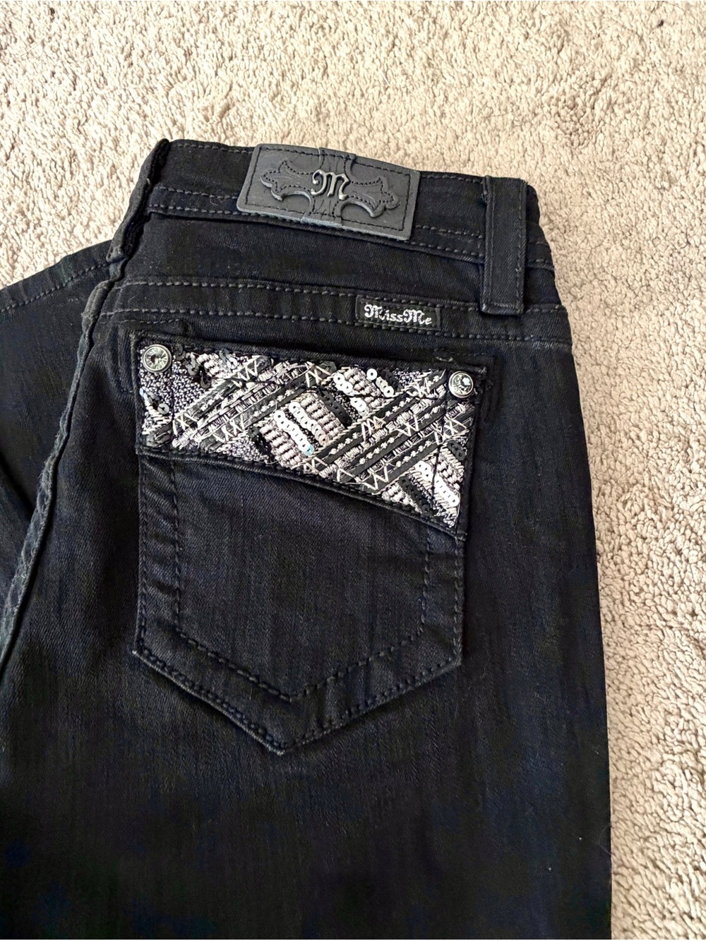 Womens Miss Me Jeans Size 29 X 30 Skinny Y2K Black Rhinestone Embellished Sequin - Picture 3 of 10